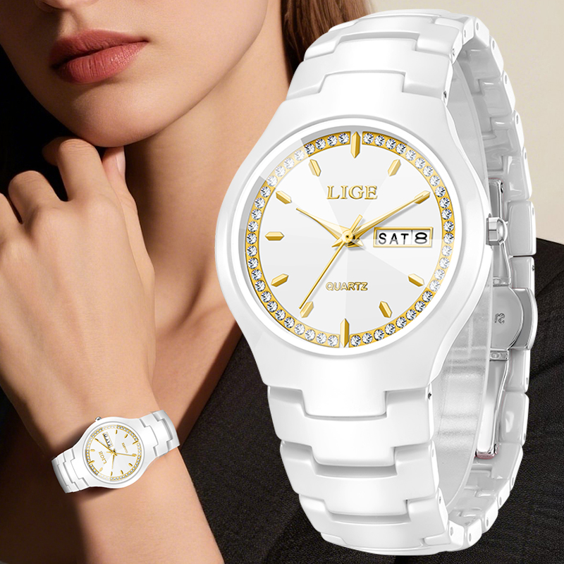 Vintage Fashion Complete - LIGE Keramik-Armbanduhr, elegante Damenuhr, Dual-Kalender, Datum,