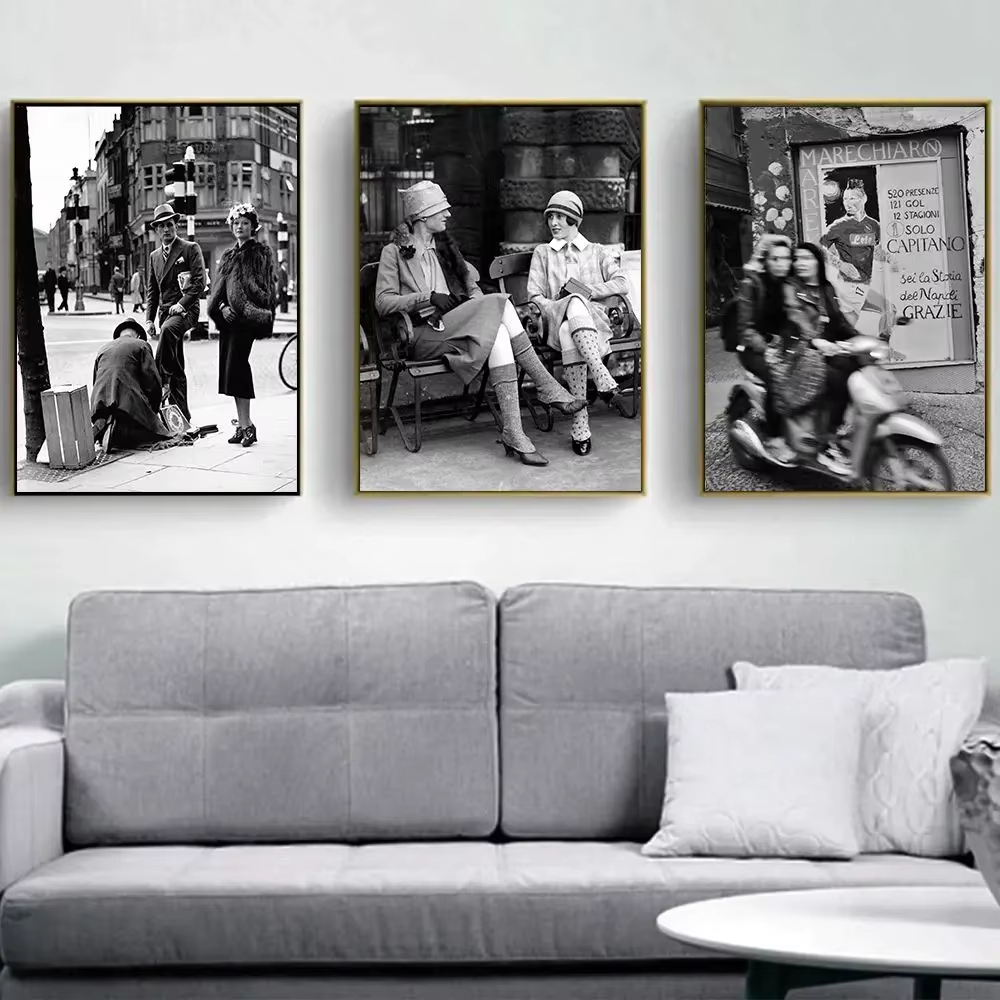 Vintage Fashion Art - Modischer Schwarz-Weiß-Vintage-Fotodruck, Italien, Paris, Straßendruck, Poster,