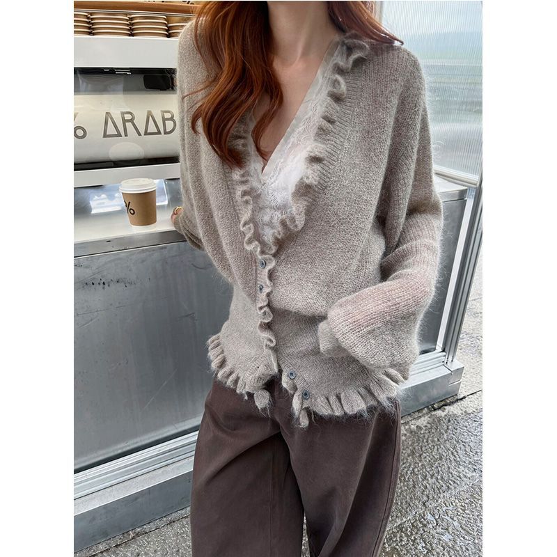 Crop Cardigan Vintage - Koreanischen Stil V-ausschnitt Rüschen Süße Lange