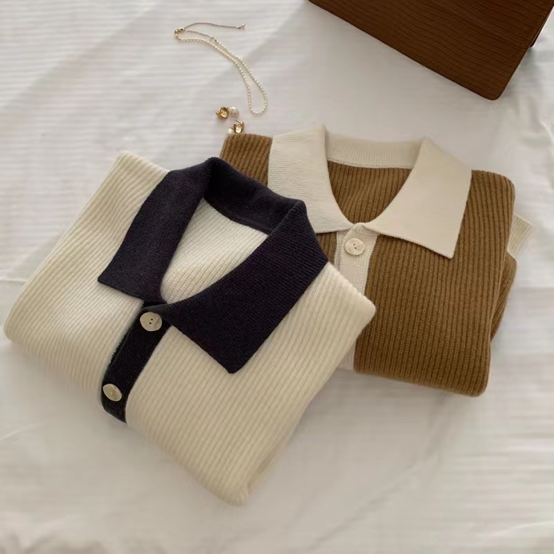 Crop Cardigan Vintage - Koreanischer Langarm-Pullover mit Polokragen, locker geschnitten,
