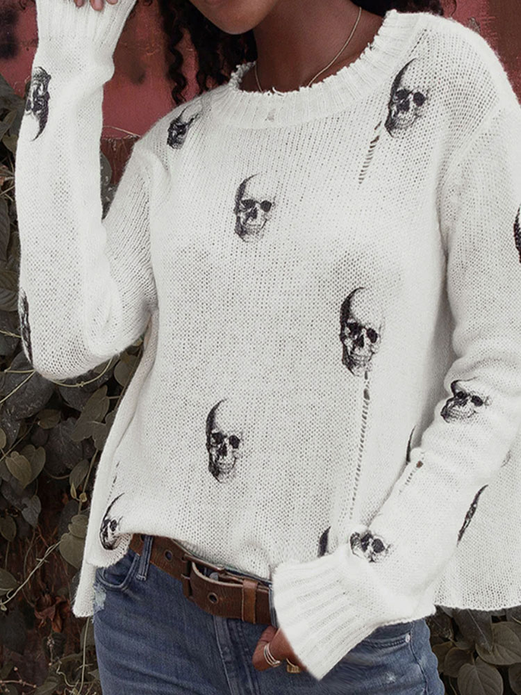 Vintage Fashion Years - Halloween Totenkopf-Print Loser Strickpullover für Damen,