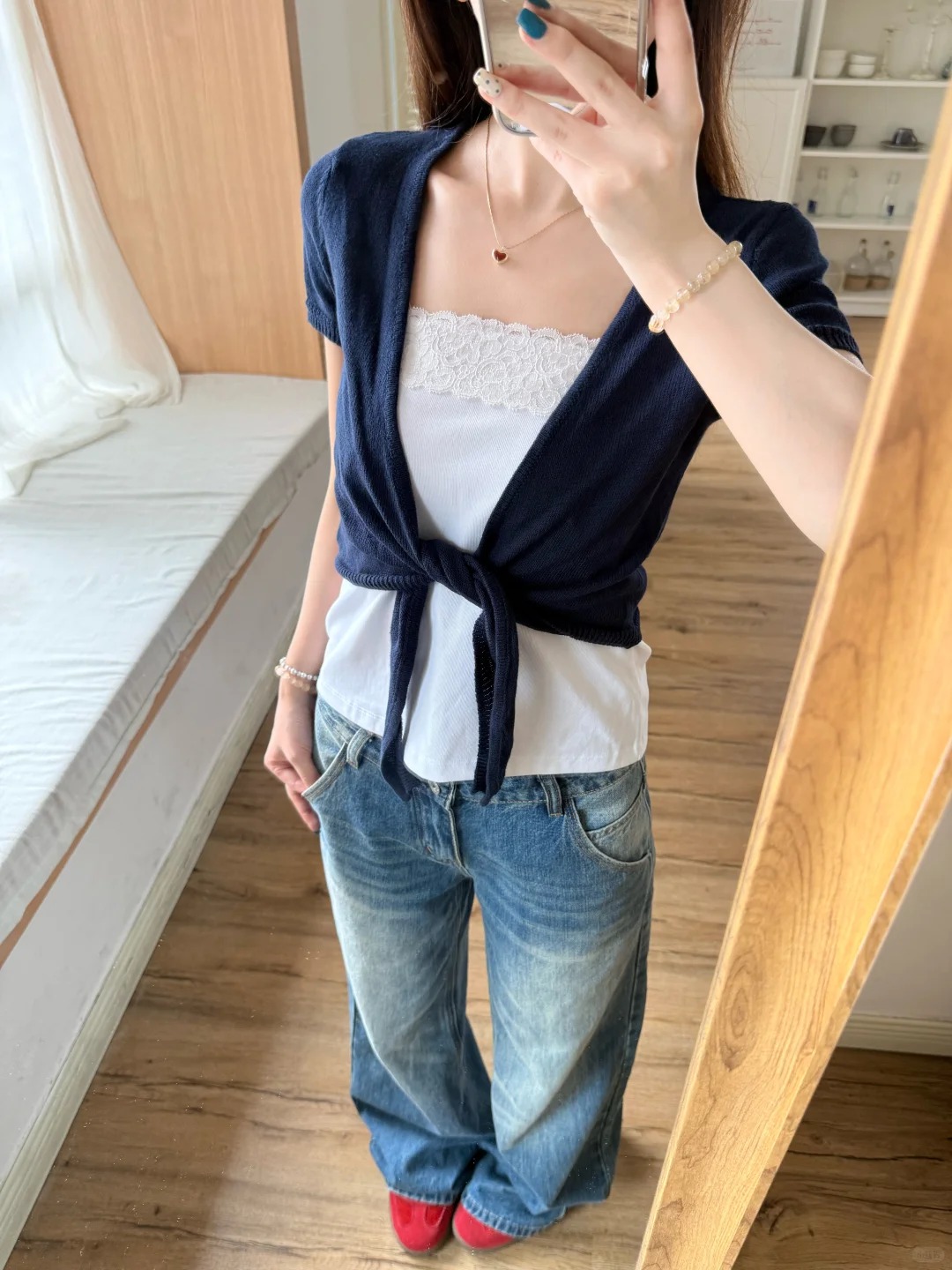 Crop Cardigan Vintage - Marineblaue Schnür-Strickjacke für Damen, Baumwolle, schmal