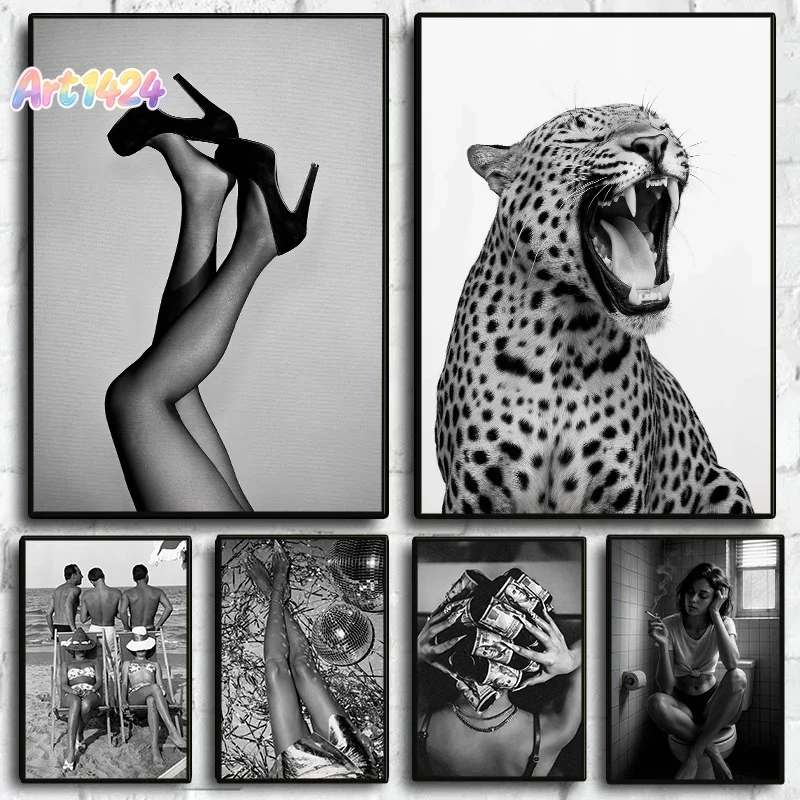 Vintage Vogue Fashion Poster - Stilvolles, modisches Schwarz-Weiß-Poster, sexy Leopardenmuster, Vintage-Leinwandgemälde,