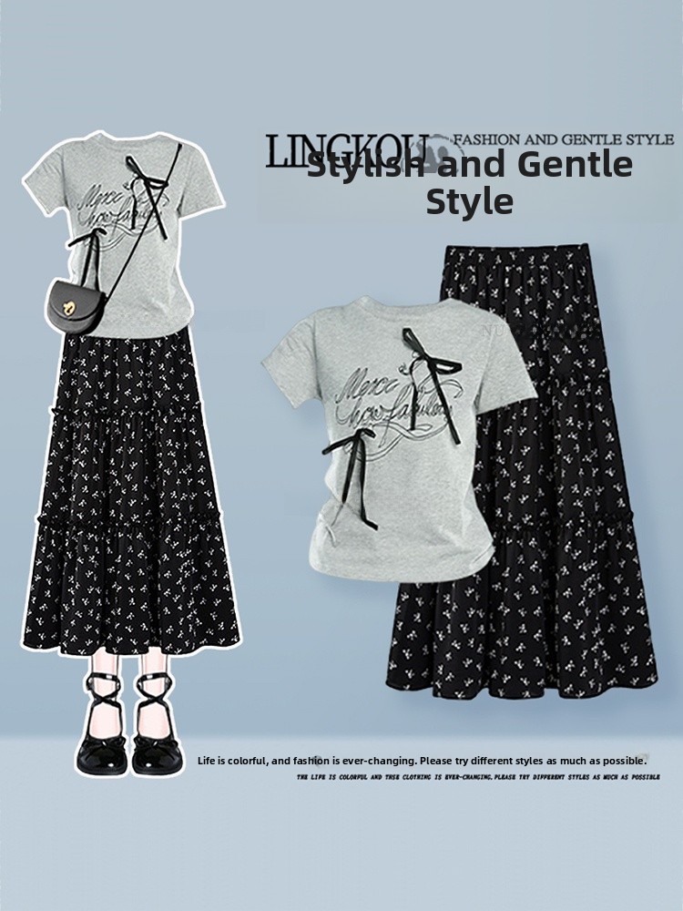 Vintage Fashion Years - Sommerliches Loose-Fit Damen-Mode-Set: 3D-Buchstaben-Schulter-T-Shirt und Vintage